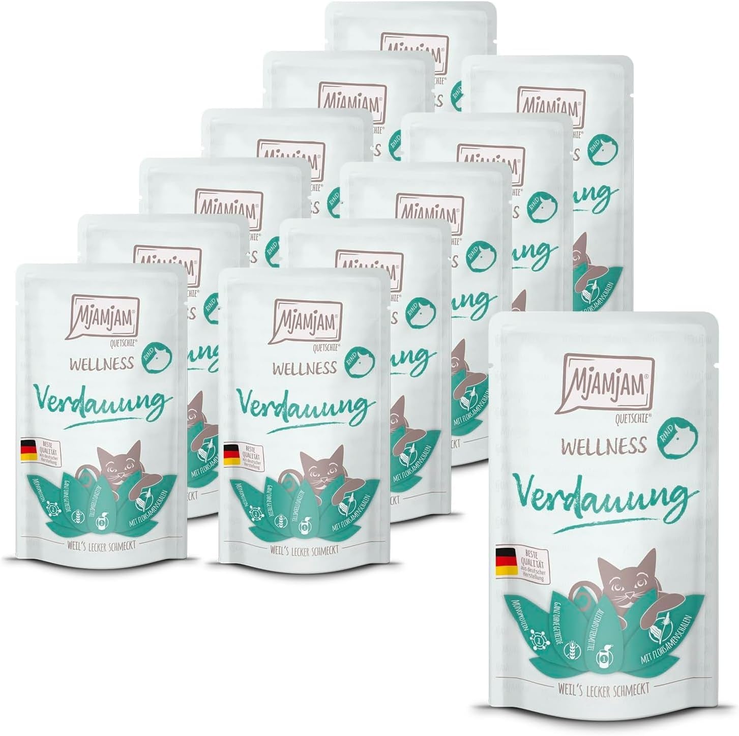 MjAMjAM - Nourriture humide premium pour chat - Bien-être - Digestif - Bœuf, Pack de 12 (12 x 125g), Sans céréales