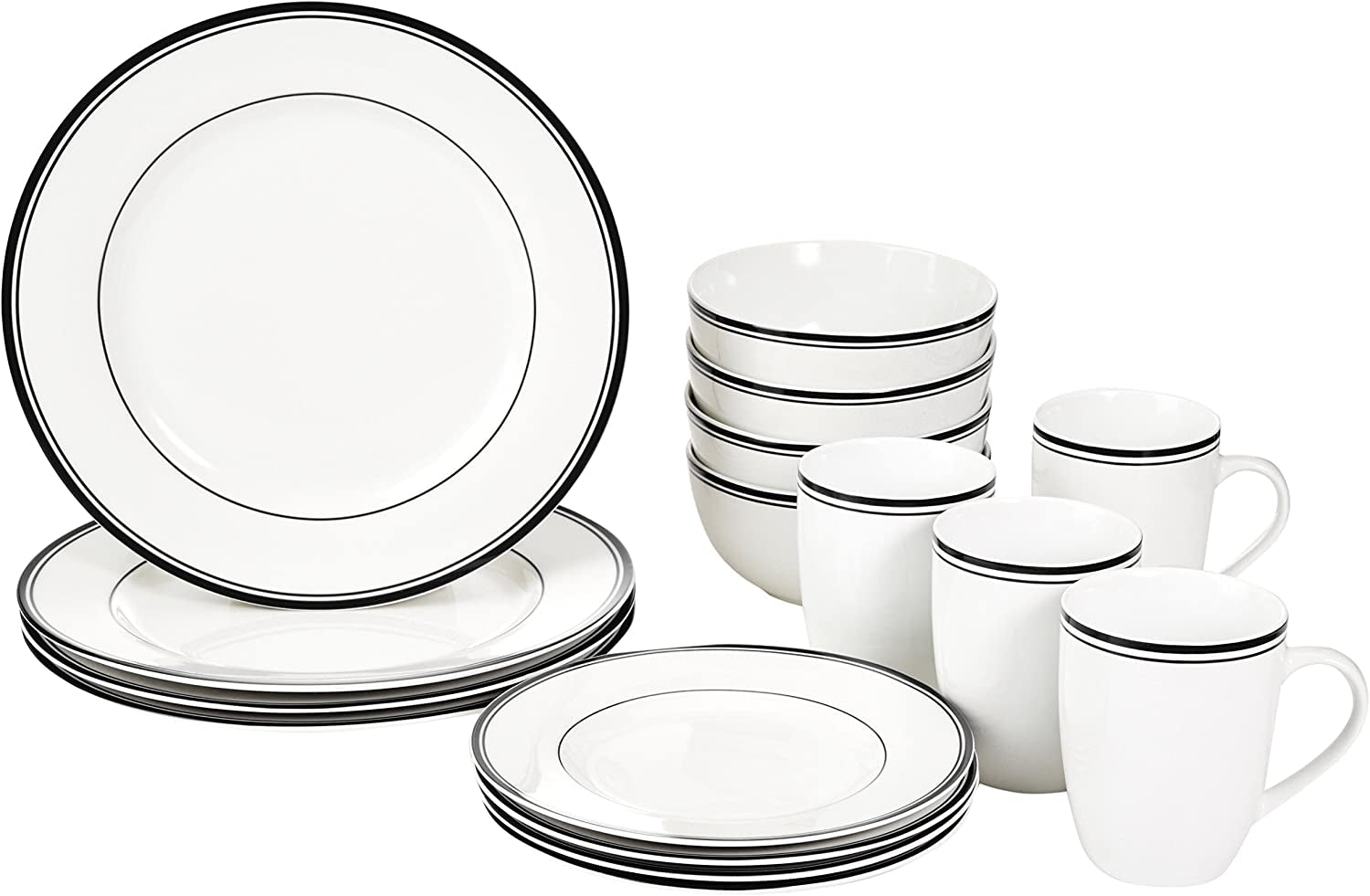 Amazon Basics Cafe Service de table 16 pièces à bord noir pour 4 personnes