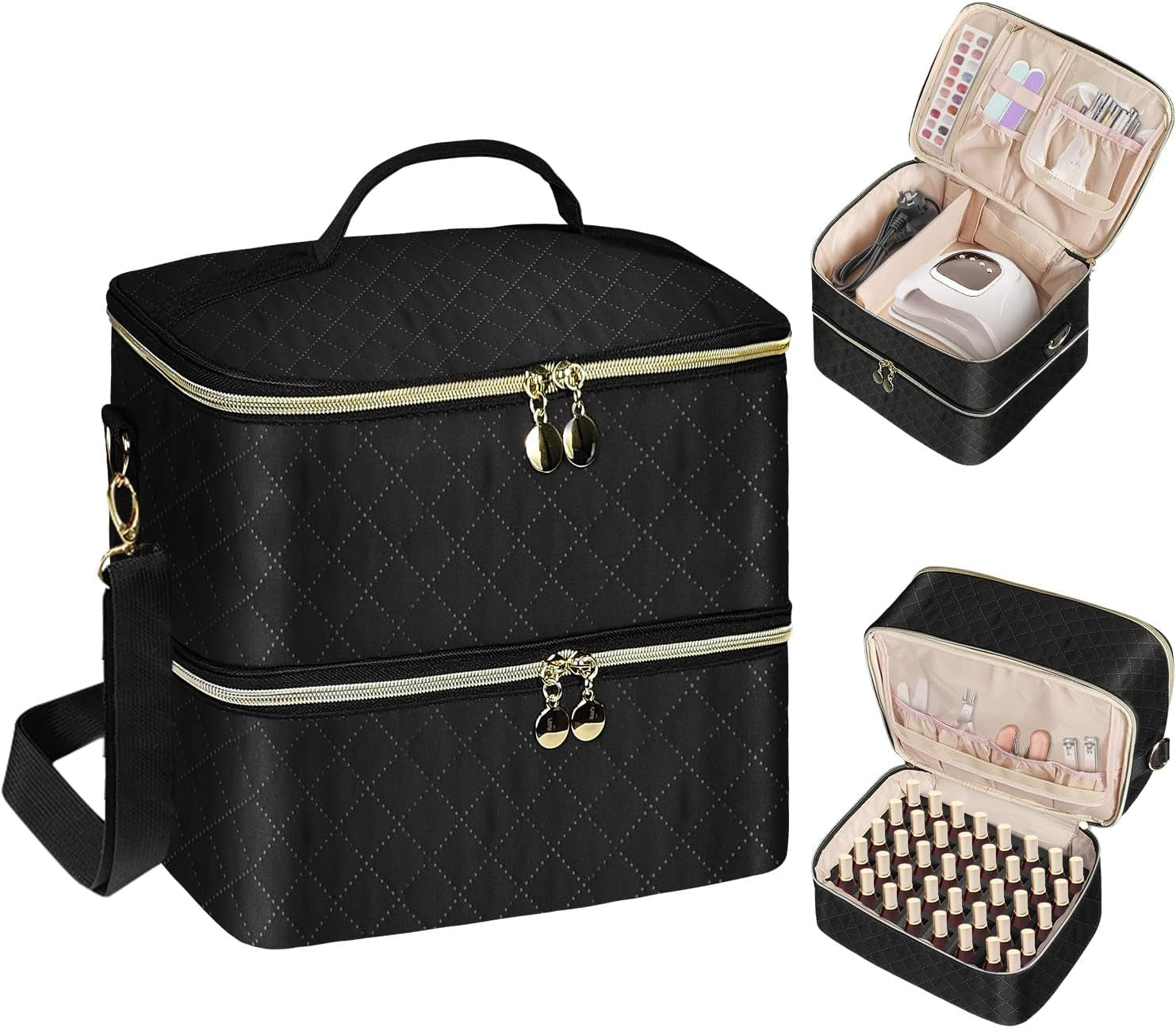 Sac organisateur de vernis à ongles, boîte de rangement double de vernis à ongles, organisateur de coffre pour le design des ongles, sacs cosmétiques pour 30 flacons de base Neonail (15 ml-0,5 fl. oz) et 1 lampe à ongles (noir)