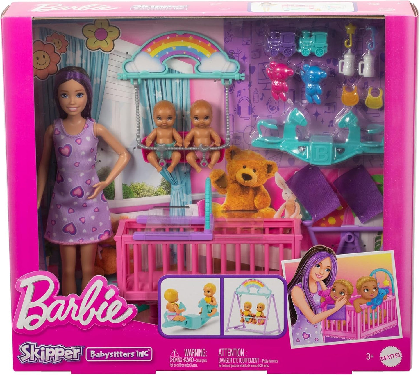 Barbie Skipper Poupée et maison de jeu avec accessoires, comprend des poupées jumelles, 1 berceau, 1 balançoire, 1 bascule et plus, HXM99