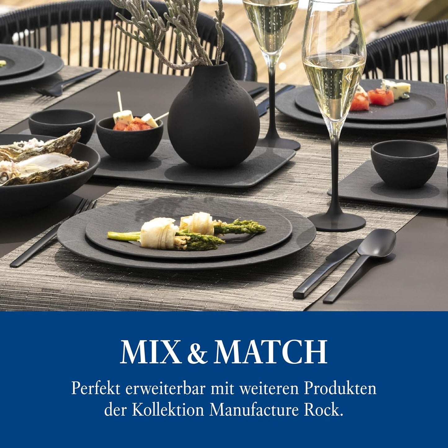 Villeroy & Boch Manufacture Rock Service de table, 6 pièces, Noir, Passe au lave-vaisselle, Passe au micro-ondes, Service de table noir mat, Vaisselle, Couverts, Porcelaine Premium
