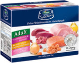 Dehner Premium Nourriture humide pour chat, multipack, chats adultes, 4 pièces chacune : agneau/dinde/saumon, 12 sacs x 100 g (1,2 kg)
