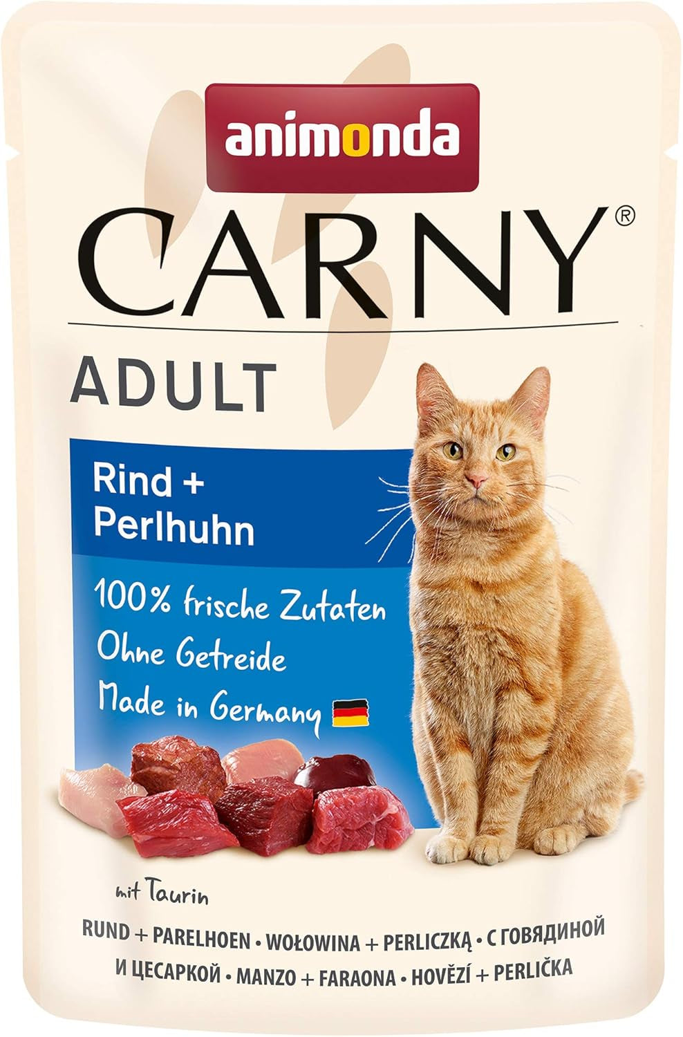 Animonda Carny Nourriture humide pour chat au bœuf et à la pintade, 12 sachets (12 x 85g), nourriture humide sans céréales et sans sucre avec des ingrédients de viande fraîche