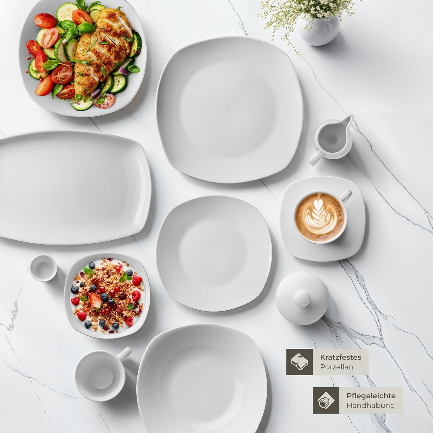 Service de table tectake® pour 12 personnes, service de table en porcelaine de 100 pièces, comprenant 12 assiettes, 12 assiettes à dessert, 12 assiettes plates, 12 tasses, 12 bols à céréales, un saladier, un pot à lait, un sucrier