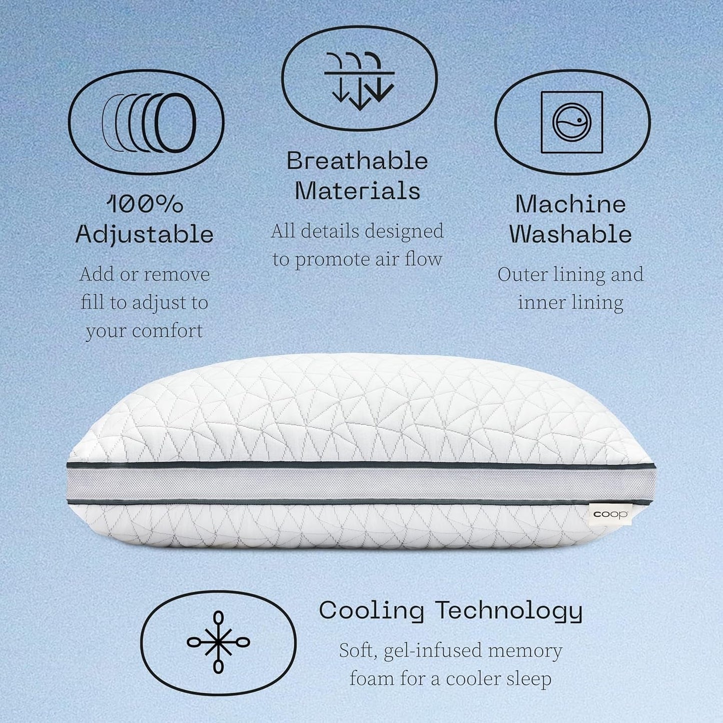 Coop Home Goods Eden Cool Oreiller réglable King Size Mousse à mémoire de forme infusée de gel Tissu Lulltra doux et respirant Idéal pour tous les dormeurs Respectueux de l'environnement Naty Shop Oreillers standard