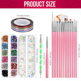 FANDAMEI Nail Art Brush Set, 15 pièces de pinceaux pour pinceaux à ongles en gel, 5 pièces de stylos à points, 10 rouleaux de pinceaux à bandes, des pinceaux à strass, des paillettes ultra fines pour vernis à ongles