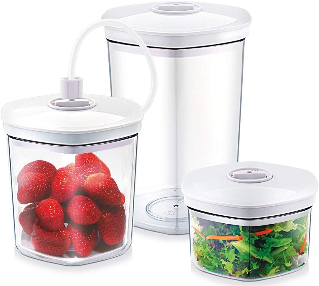 Caso VacuBoxx E-Set - 4 récipients sous vide carrés extrêmement stables et un ensemble de récipients sous vide, récipients incassables et lavables au lave-vaisselle, 3 récipients sous vide pour aliments et liquides sensibles à la pression Boîtes de conservation alimentaire Naty Shop