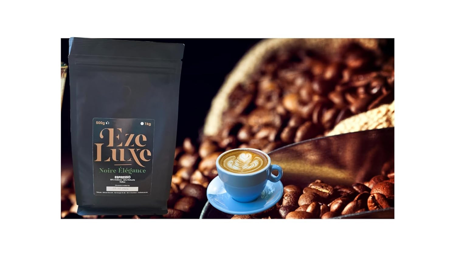 Café Espresso Noire Elégance 500g – 50% Arabica et 50% Robusta du Brésil et d'Inde – torréfaction moyenne, forte et crémeuse au chocolat noir – intensité 8 – incl. machine à expresso gratuite