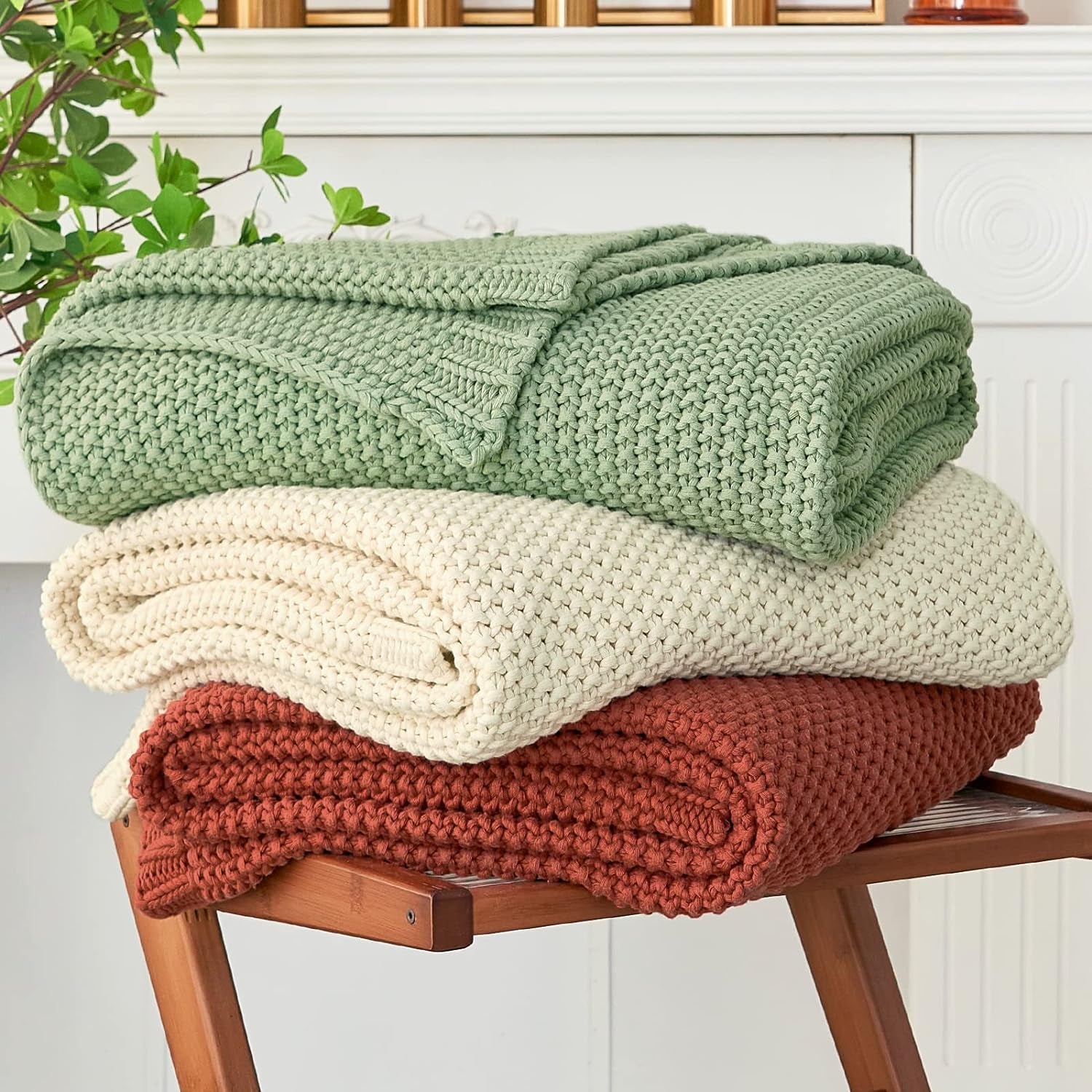 Couverture en gros tricot, Légère, Beige, 100% coton biologique, Couverture pour canapé, canapé, lit, enfant, chambre d'enfant, Rustique, Shabby chic, Ferme moderne, 152,4 X 203,2 cm, Sac à linge inclus Lits et couvertures Literie Longhui Rouille 51"X63"