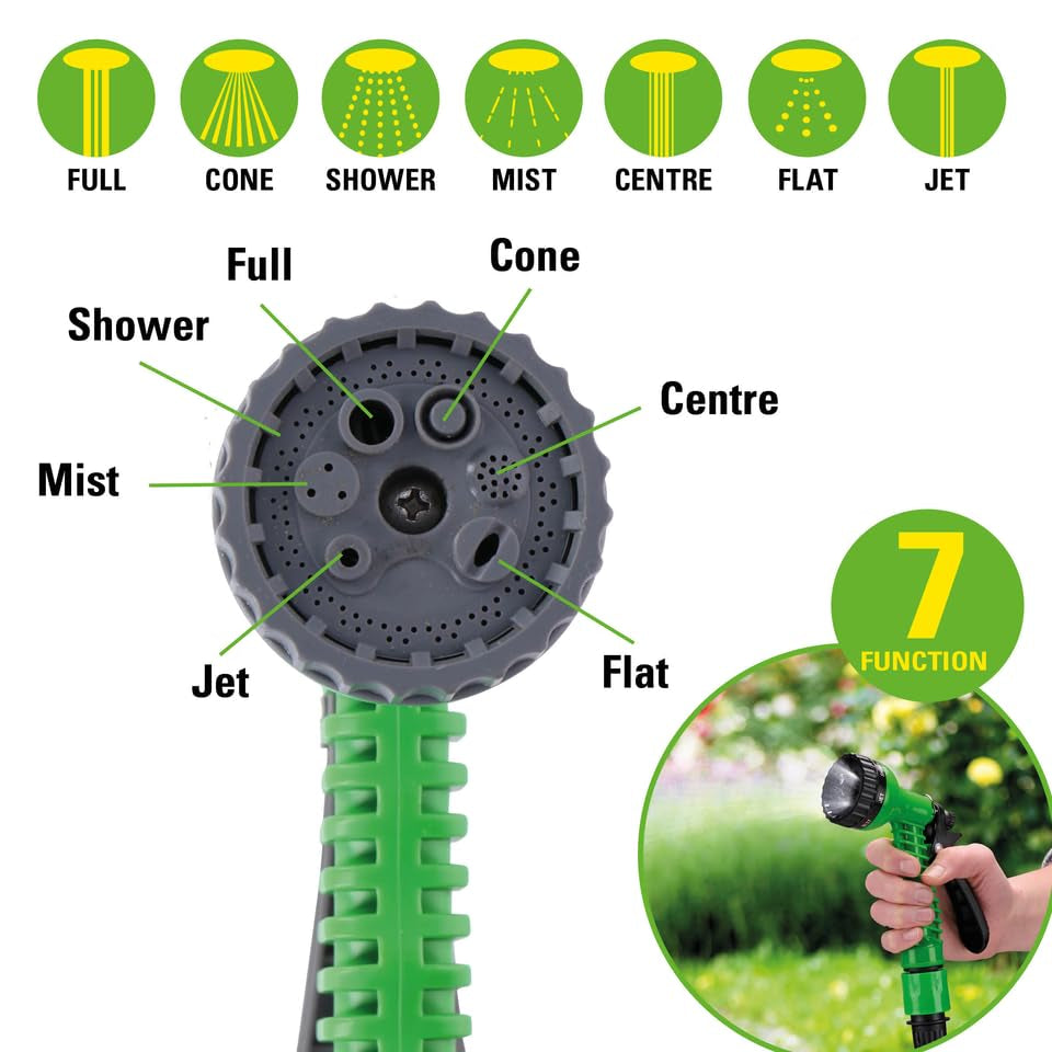 Tuyau d'arrosage flexible Kinzo 20 m - incl. Accessoire de tuyau - Tuyau flexible avec tête de pulvérisation avec 7 positions de pulvérisation - Plastique - Vert/Gris