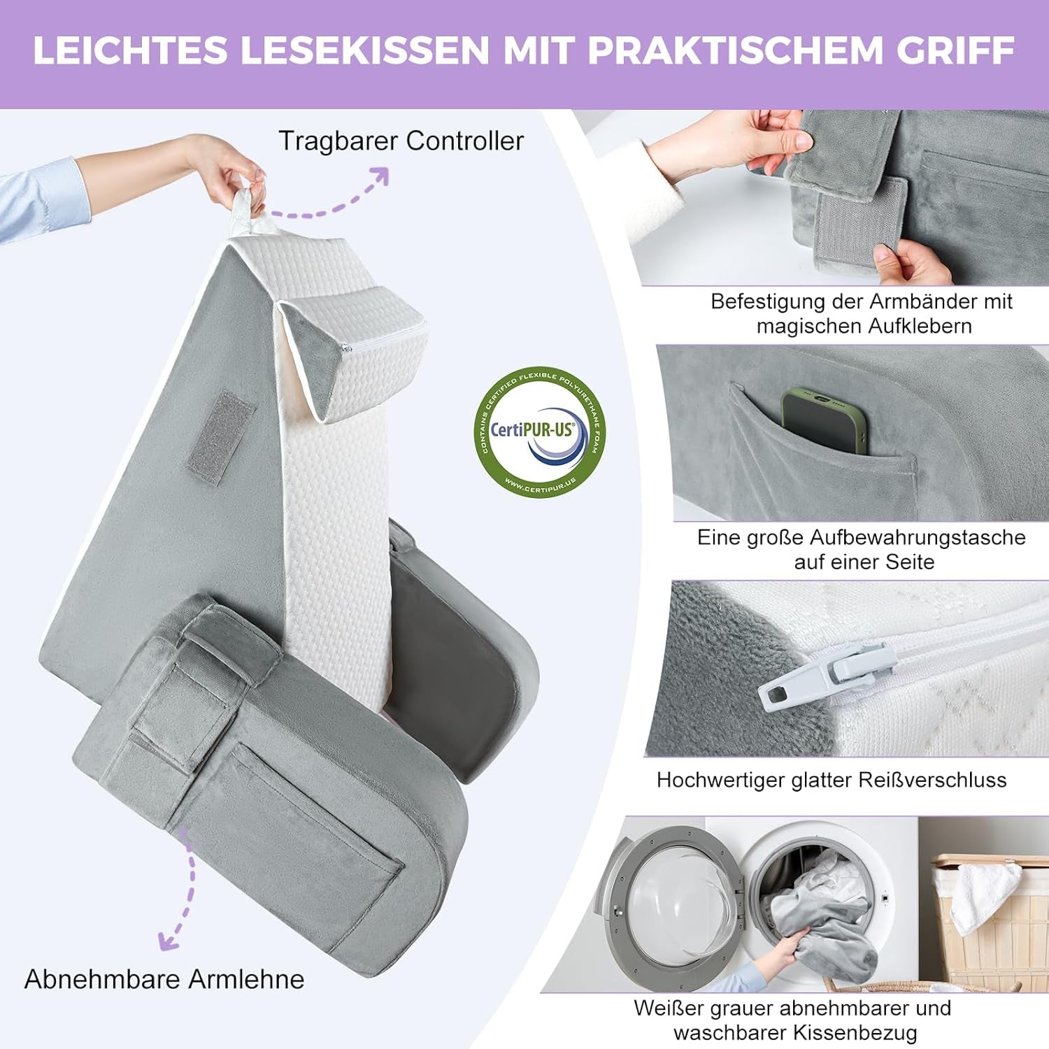 Grand oreiller de lecture avec barre de poignée, mousse haute densité, oreiller ergonomique pour le dos, accoudoirs, support de cou et appui-tête, coussin de siège inclinable pour dormir, jouer, regarder la télévision, pour lit et canapé