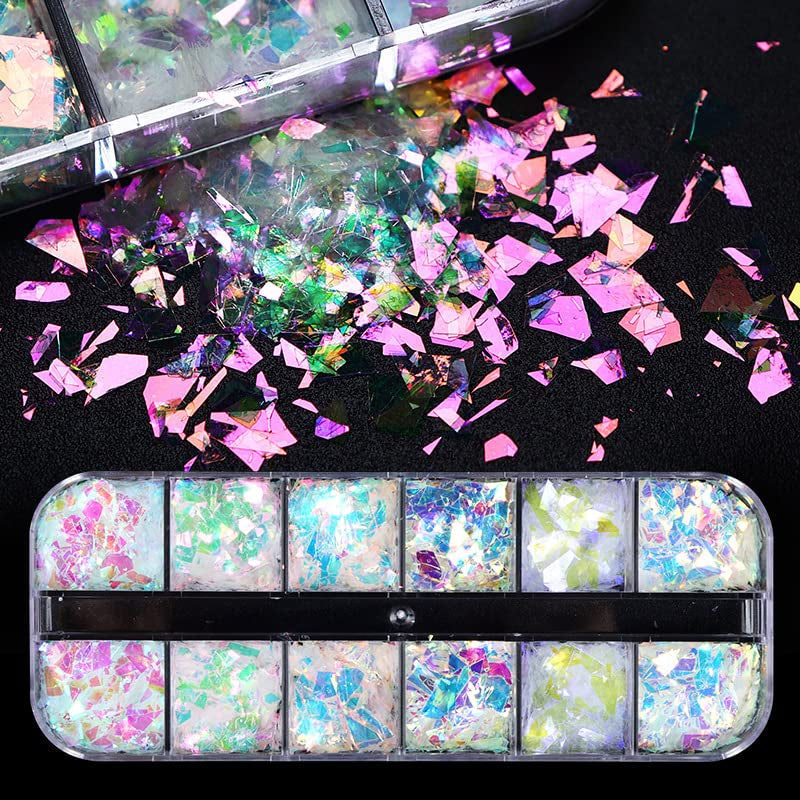 JMEOWIO – paillettes pour ongles, 12 grilles, sirène, accessoires de décoration pour Nail Art, Design des ongles