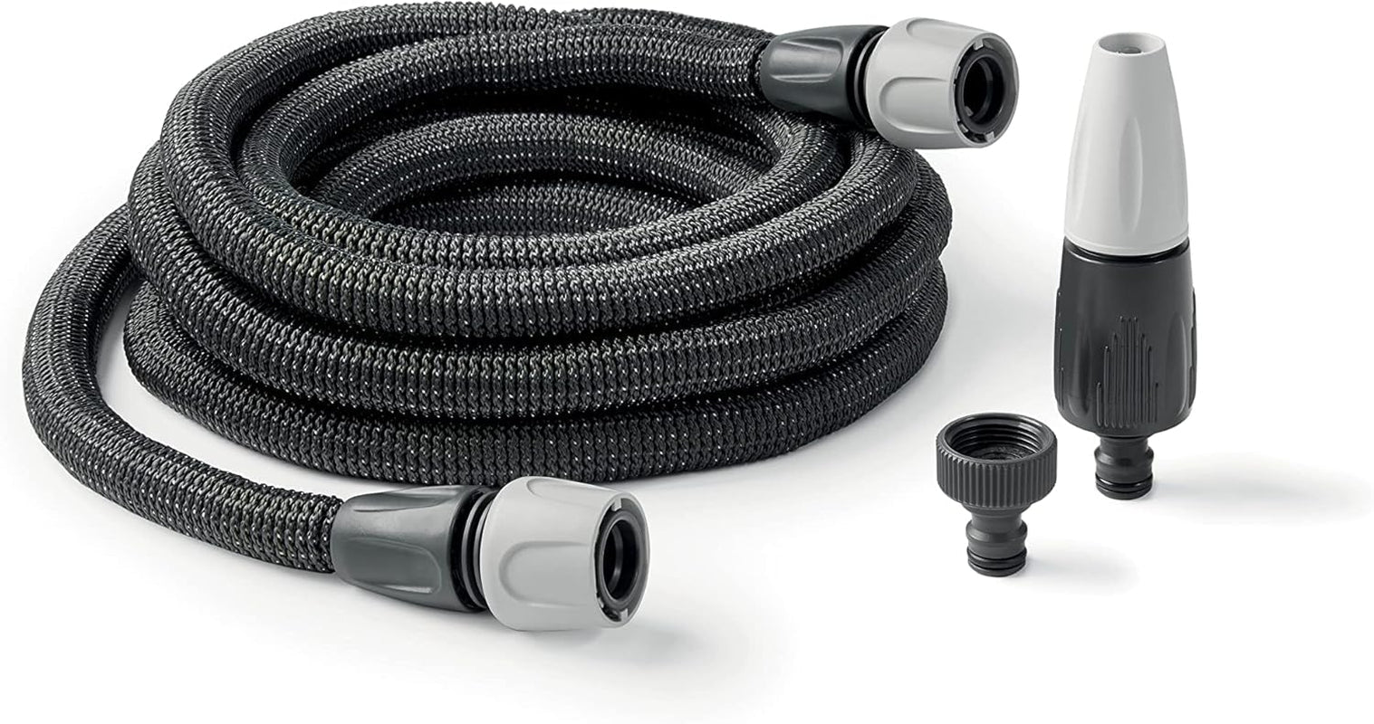 GF SRL, Aquapop Grey Easy 10, tuyau tressé auto-extensible de 10 mètres, fabriqué en Italie, avec mini pulvérisateur de jardin et connecteurs pour l'irrigation du jardin, gris foncé