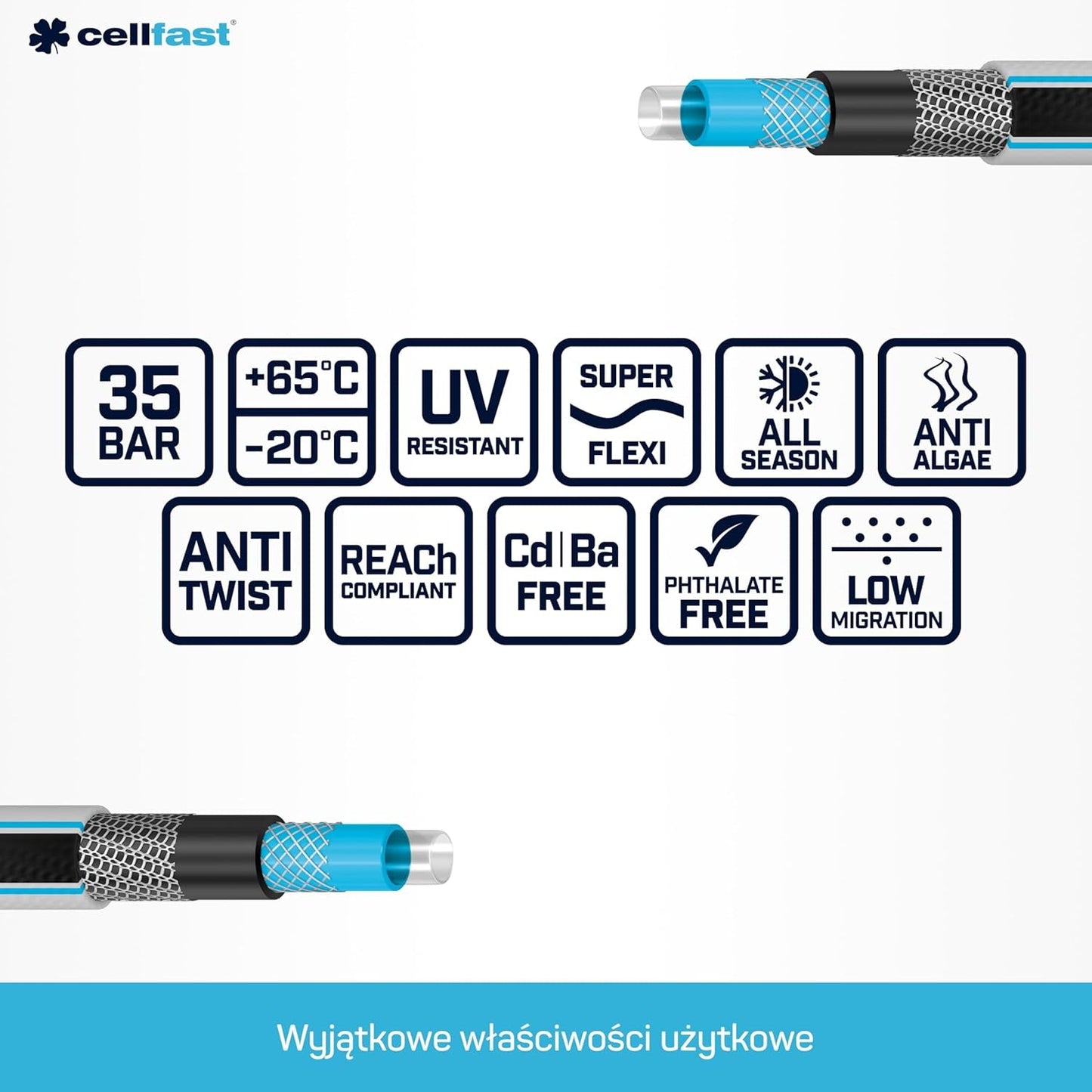 Tuyau d'arrosage Cellfast MULTIFLEX PRO, durable, 6 brins, tresse tricotée ATS2, résistant aux UV et aux algues, sans métaux lourds, technologie velours, 35 bar, -20/+65°C, 3/4", 30m