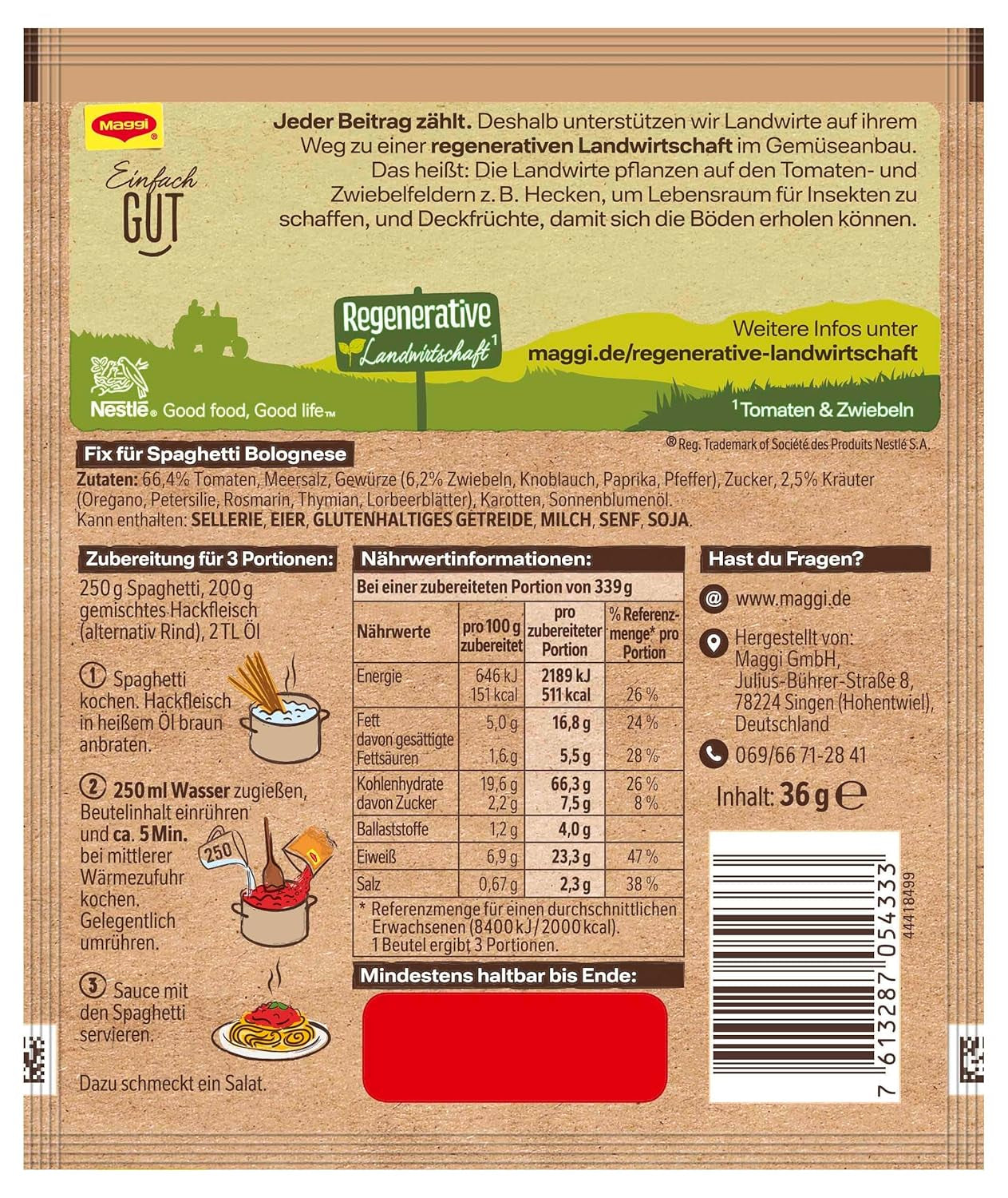 MAGGI Fix pour Spaghetti Bolognese, Würzmischung, ingrédients 100% naturels, pour 3 Portionen, 1er Pack (1 x 36g Packung)