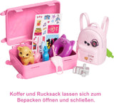 Poupée Barbie, Barbie de voyage aux cheveux blonds, plus de 10 accessoires de voyage, autocollants, valise, chiot, comprend 1 poupée, cadeau pour enfants, jouet à partir de 3 ans, HJY18