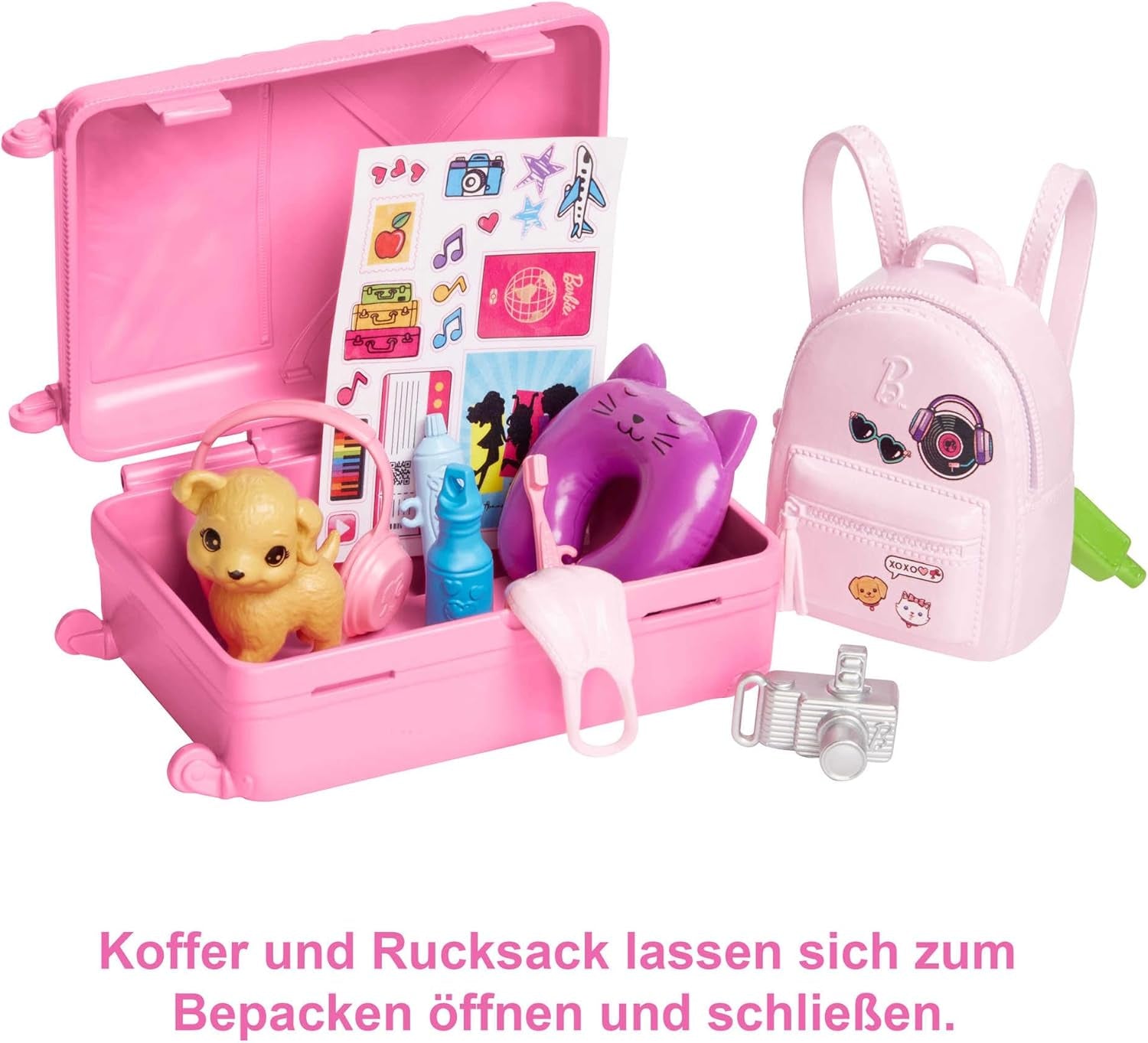 Poupée Barbie, Barbie de voyage aux cheveux blonds, plus de 10 accessoires de voyage, autocollants, valise, chiot, comprend 1 poupée, cadeau pour enfants, jouet à partir de 3 ans, HJY18