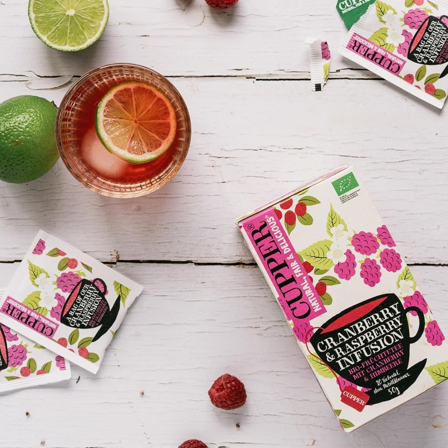 4Er Pack CUPPER Thé aux Fruits Bio "Infusion Canneberge & Framboise", 4X20 sachets de thé non blanc, bio, commerce équitable