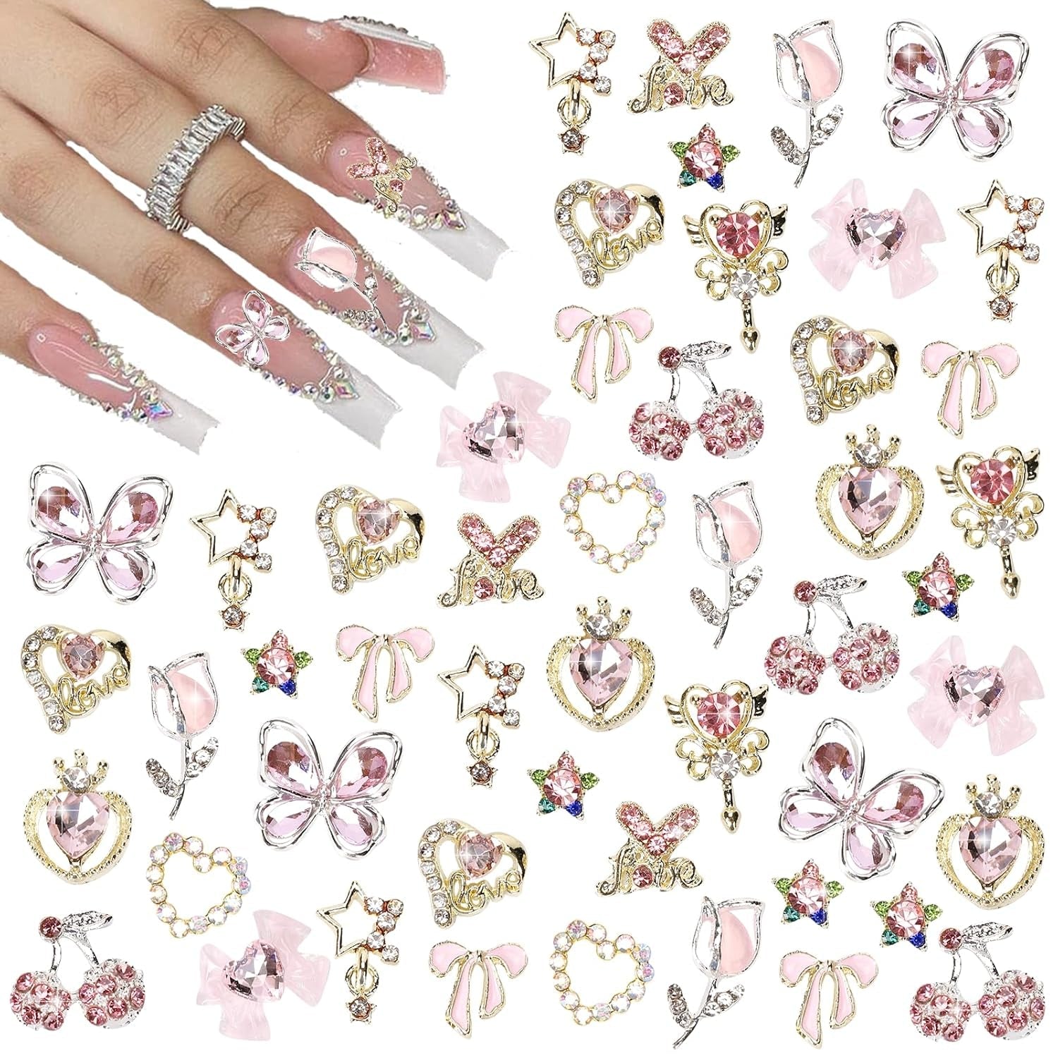 24 pièces Nagel-Charms, Y2K-Legierung, Nail Art, Strass-Charms, 3D-Herz, Stern, Schleife Mit Strasssteinen, Kirsch-Nagel-Edelsteinen, Glänzender Schmuck, Nageldekorationen, Zubehör