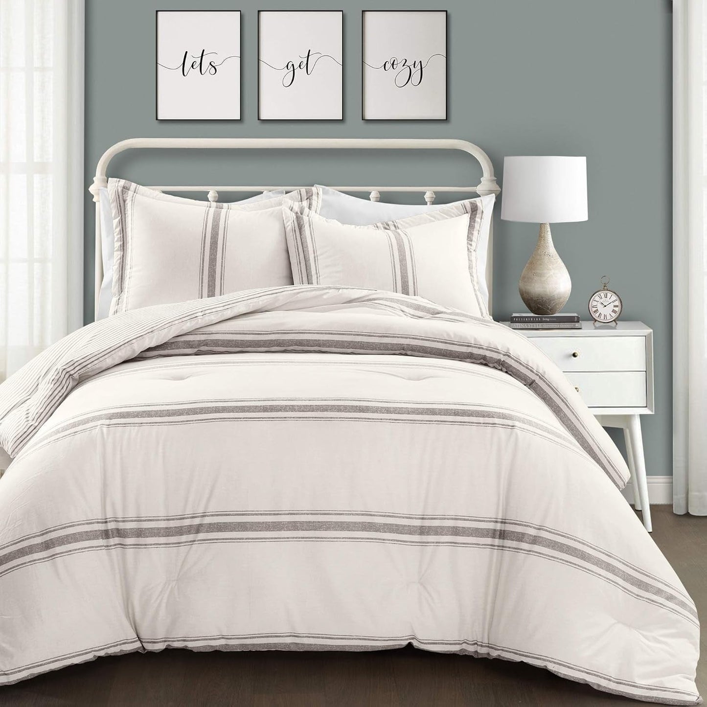 Lush Decor Housse de couette rayée Farmhouse, Full/Queen, gris Naty Shop Couettes et courtepointes Gris Full Queen