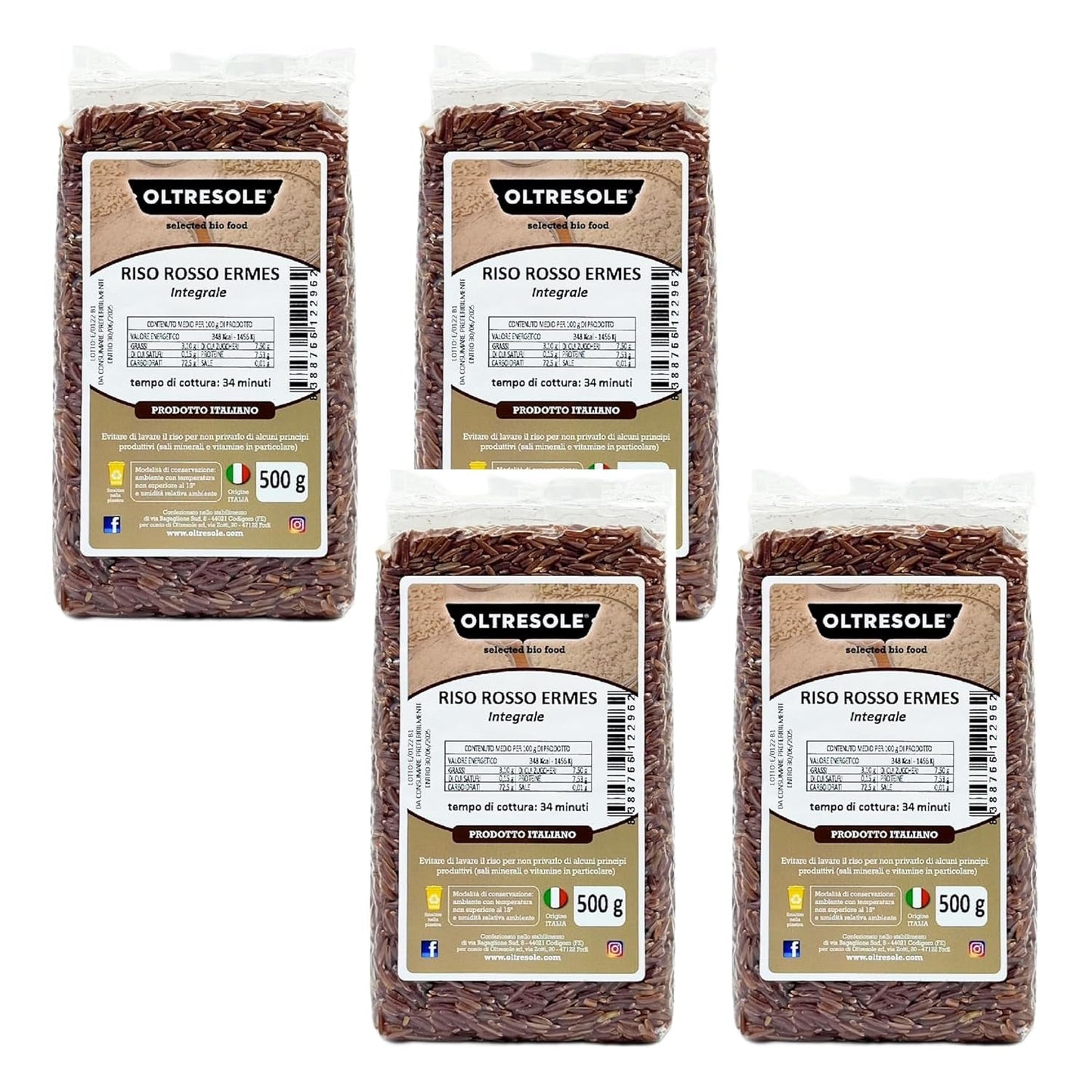 Riz italien à grains entiers, riz non raffiné à haute teneur en fibres, idéal pour les salades de riz créatives et les plats sains, emballé sous vide, 4 paquets x 500 g