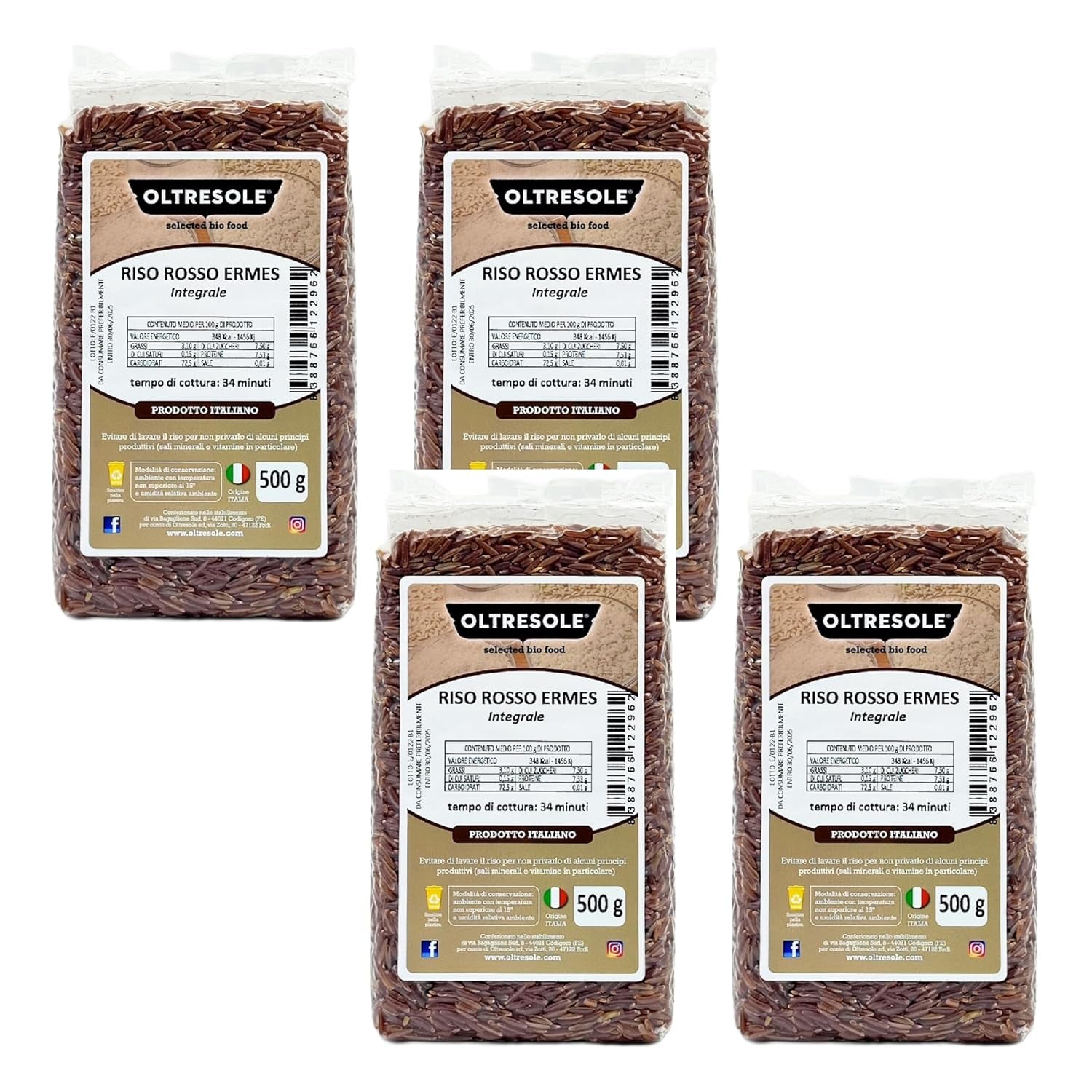 Riz italien à grains entiers, riz non raffiné à haute teneur en fibres, idéal pour les salades de riz créatives et les plats sains, emballé sous vide, 4 paquets x 500 g