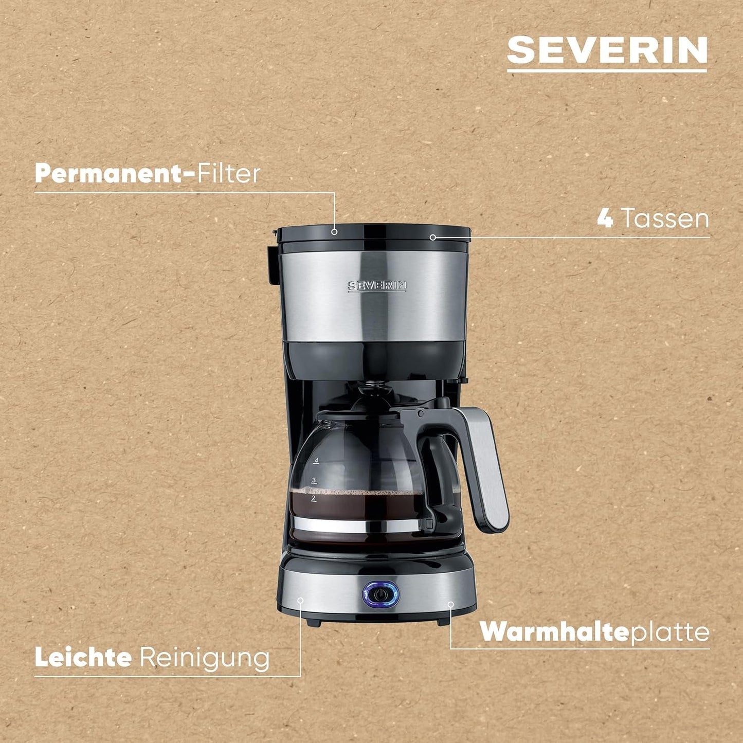 SEVERIN Machine à expresso compacte, café aromatique avec machine à café jusqu'à 4 tasses, machine à expresso avec filtre et filtre oscillant permanent, acier inoxydable/noir, KA 4808
