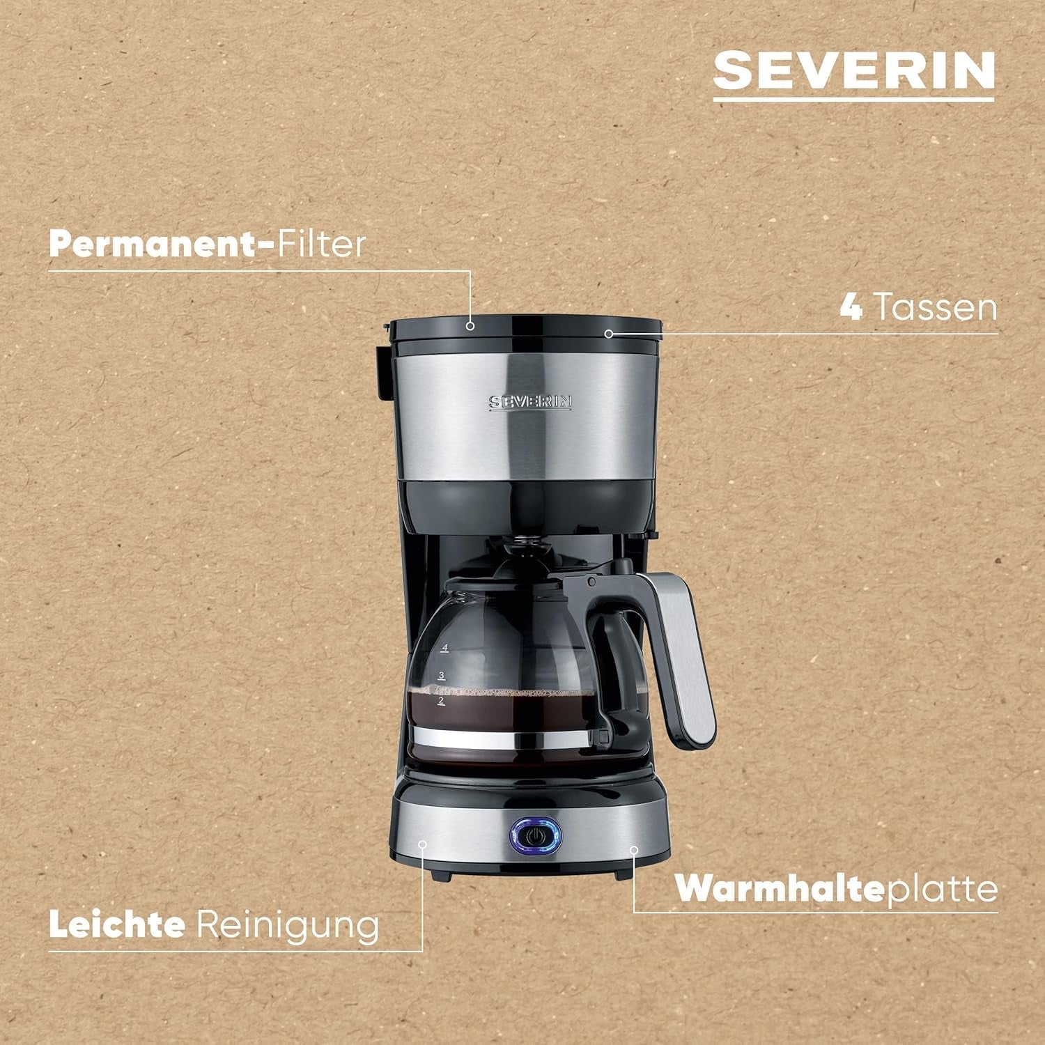 SEVERIN Machine à expresso compacte, café aromatique avec machine à café jusqu'à 4 tasses, machine à expresso avec filtre et filtre oscillant permanent, acier inoxydable/noir, KA 4808