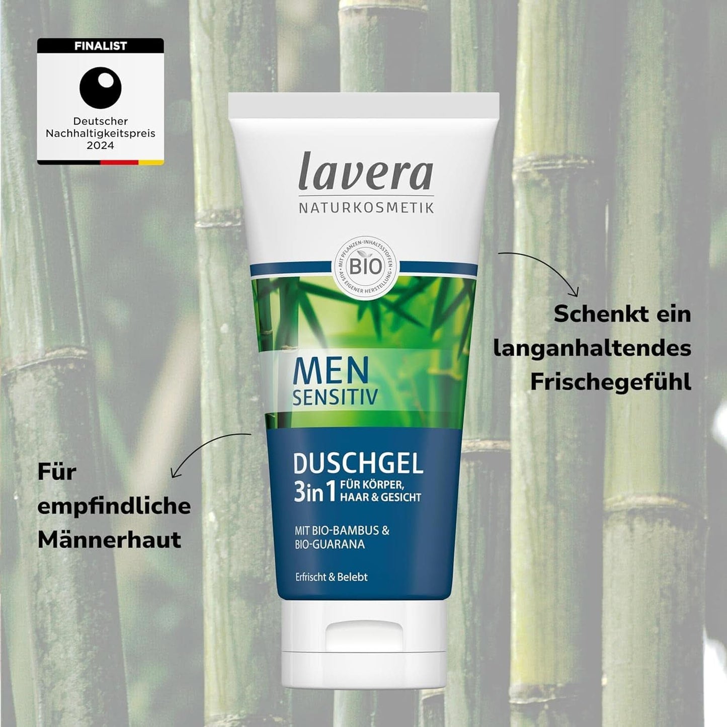 Lavera, Gel douche au bambou bio et guarana, 3 en 1, pour la peau, les cheveux et le visage, 200 ml Douche et bain Naty Shop