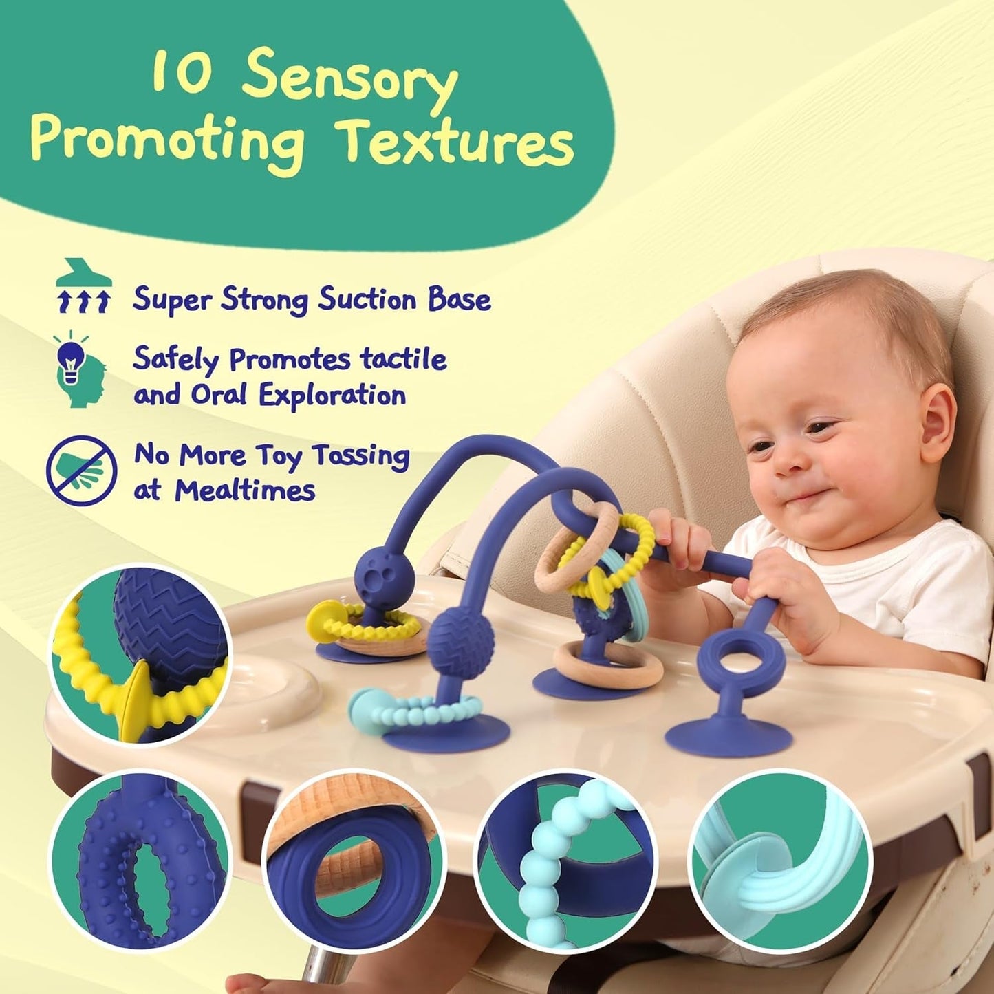 JUMBLE JANGLE Anneau de dentition pour bébé : jouet de dentition pour bébé de 3 à 24 mois | Ensemble de 7 jouets à mâcher sans BPA | Anneau de dentition en silicone rafraîchissant | Jouet pour tout-petit avec ventouse pour chaise haute, table et baignoire