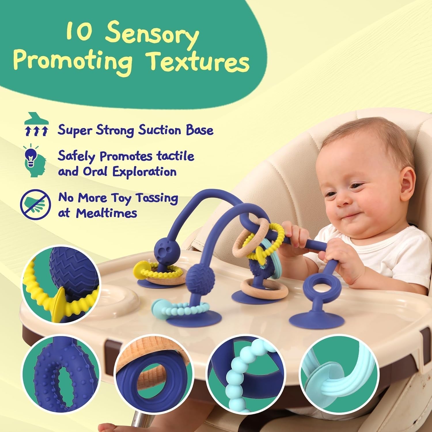 JUMBLE JANGLE Anneau de dentition pour bébé : jouet de dentition pour bébé de 3 à 24 mois | Ensemble de 7 jouets à mâcher sans BPA | Anneau de dentition en silicone rafraîchissant | Jouet pour tout-petit avec ventouse pour chaise haute, table et baignoire