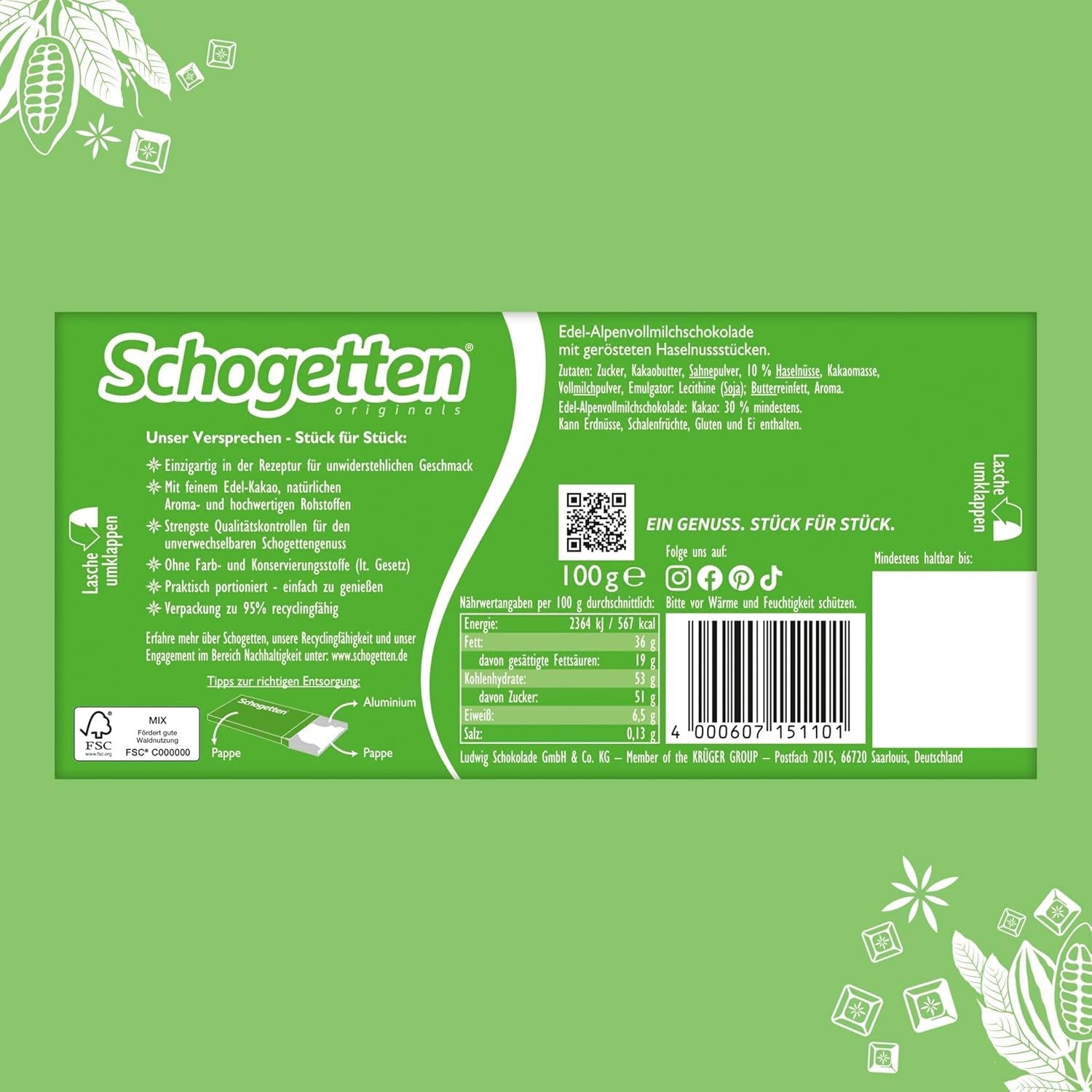 Schogetten Premium Chocolat au lait alpin aux noisettes, barre de chocolat de 100 g, en portions individuelles. Un délice. Pièce par pièce.