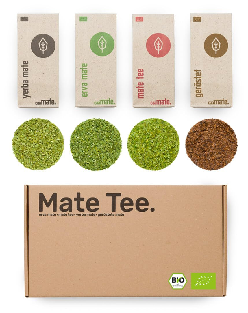 Coffret de dégustation de thé Mate ● 4 variétés de thé Mate biologique ● 100 g chacune Erva Mate + Yerba Mate + Thé vert Mate + Thé Mate torréfié