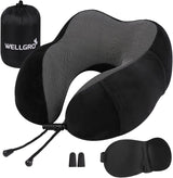 WELLGRO Ensemble d'oreillers cervicaux avec masque de sommeil 3D et bouchons d'oreille - Housse amovible - Mousse à mémoire de forme - Fermeture à glissière - Sac de rangement inclus - Oreiller de voyage - Couleur au choix, Couleur: Gris Naty Shop Oreillers cervicaux orthopédiques Noir