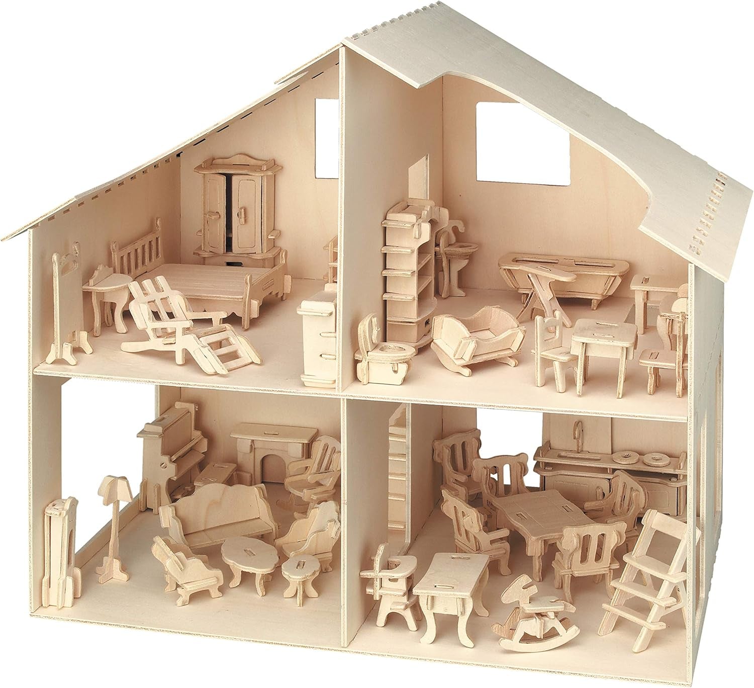 Pebaro Donau Elektronik _M880 Maison de poupée puzzle 3D avec meubles, 30 x 30 x 30 cm, naturel