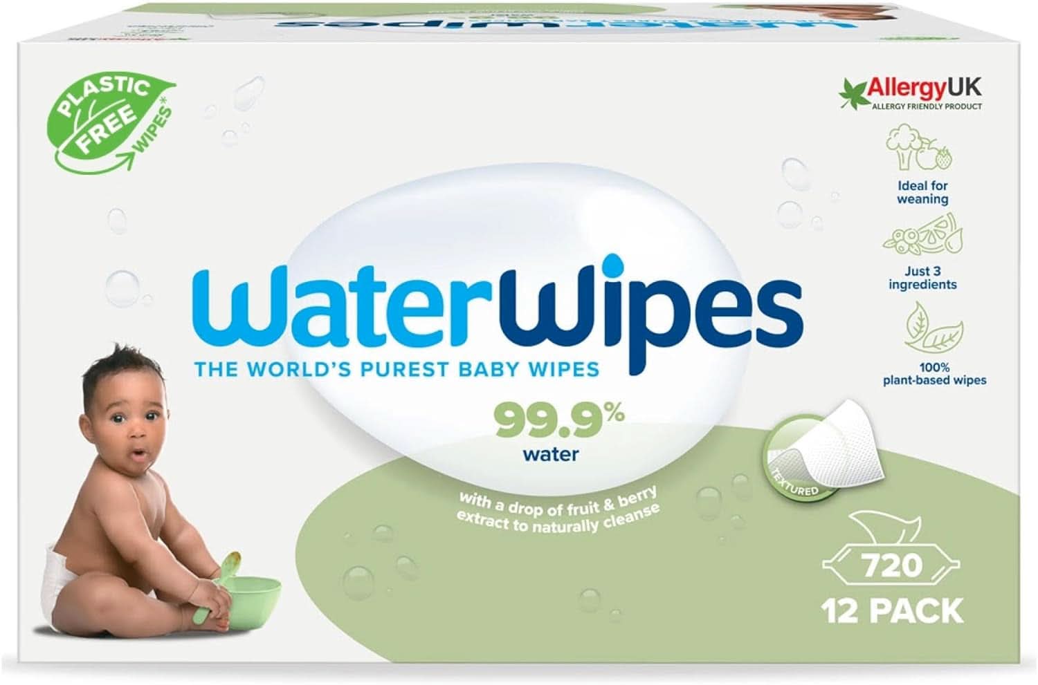 Waterwipes Plastikfreie, Texturierte Reinigungstücher Für Kleinkinder & Babies, 240 Stück (4 Packungen), 99.9 % Wasserbasierte Reinigungstücher, Unperfümiert Für Empfindliche Haut Naty Shop 720 Stück (12Er Pack)