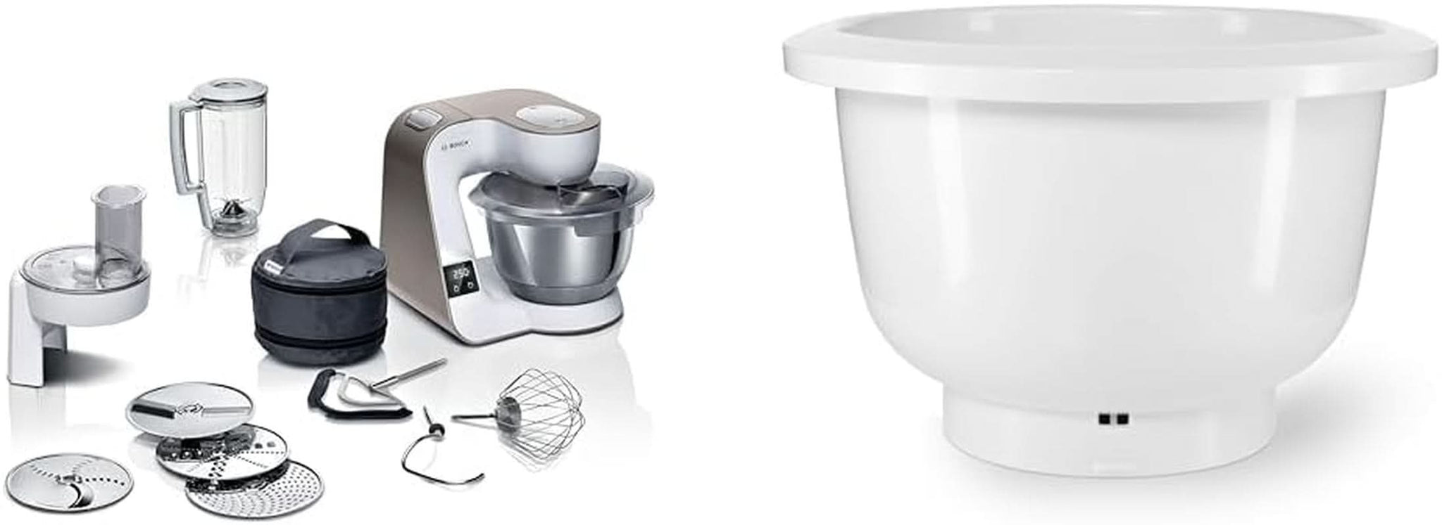 Robot ménager Bosch Série 4 MUM5X720, balance intégrée, bol inox 3,9L, mixeur 1,25L, 1000W Accessoires Alimentation et Allaitement Baby Naty Shop Package avec bol mixeur Champagne Blanc 2 accessoires