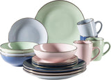 MÄSER 931870 Cadre en métal, Service de table moderne pour 4 personnes avec cadre couleur laiton, Service combiné de 16 pièces avec formes coupées sans cadre, Multicolore, Grès, Pastel'n'Blue