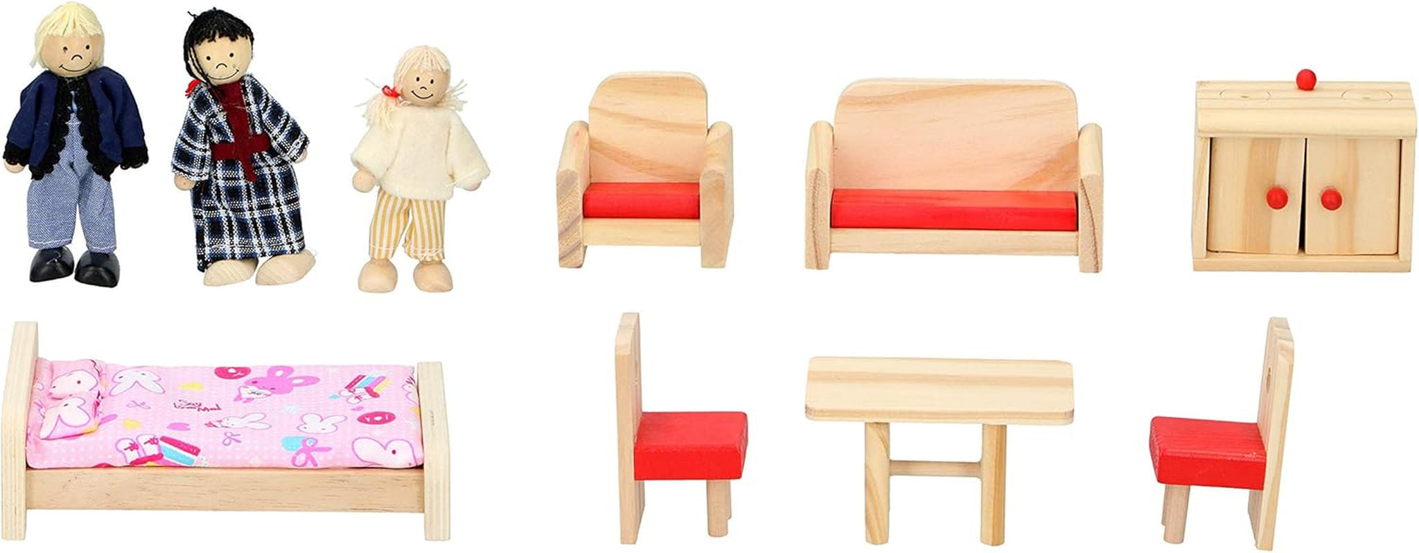 Marionette Wooden Toys - Maison de poupée en bois avec meubles et poupées - 11 pièces Dollhouses Naty Shop