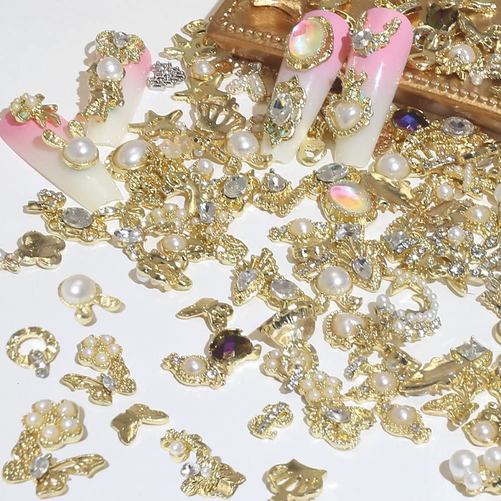 50 pièces de breloques à ongles dorées, mélange de styles, pierres scintillantes, perles, jambes, pierre de naissance, fleurs, strass, perles, bijoux, bijoux, décoration d'ongles DIY pour femmes