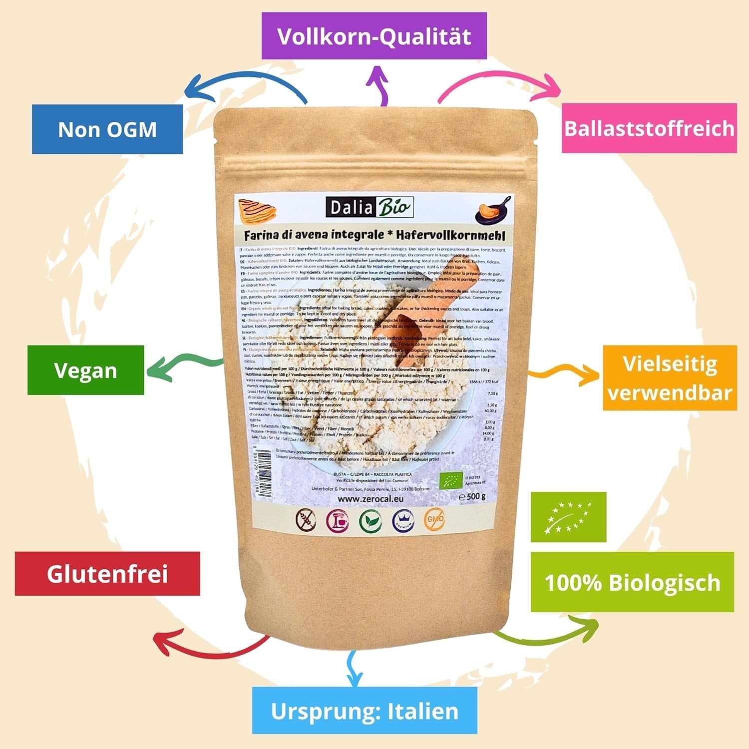 Dalia - Farine d'avoine entière bio 500g | Sans gluten | Riche en fibres et protéines Origine : Italie | Pour le pain, les gâteaux, le porridge et les recettes fitness | Qualité supérieure