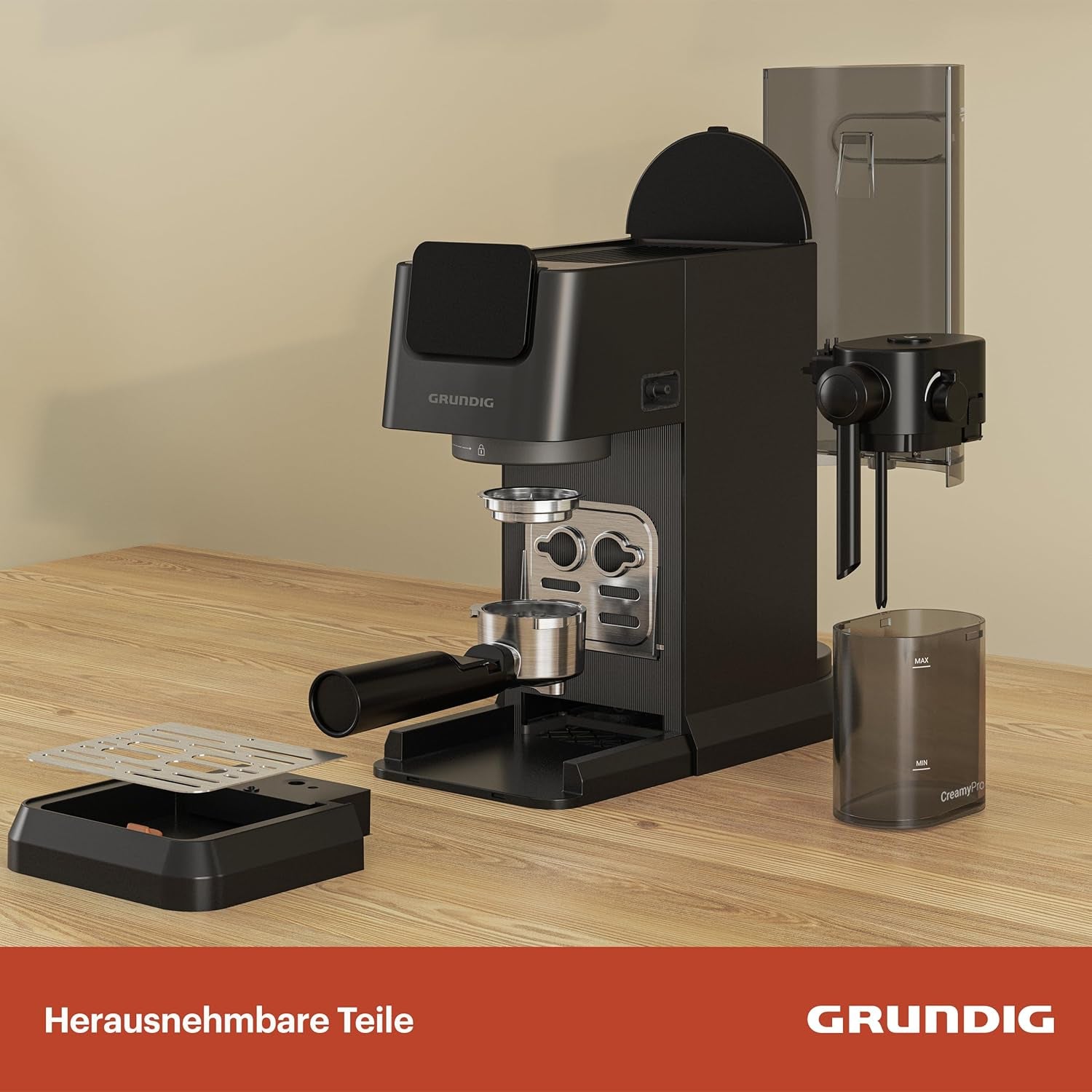 Machine à expresso porte-filtre GRUNDIG KSM 5330 avec réservoir à lait intégré, puissance 1628 W, pression de pompe 15 bar, double buse, écran tactile couleur, BrewSense, CreamyPro, acier inoxydable foncé/noir