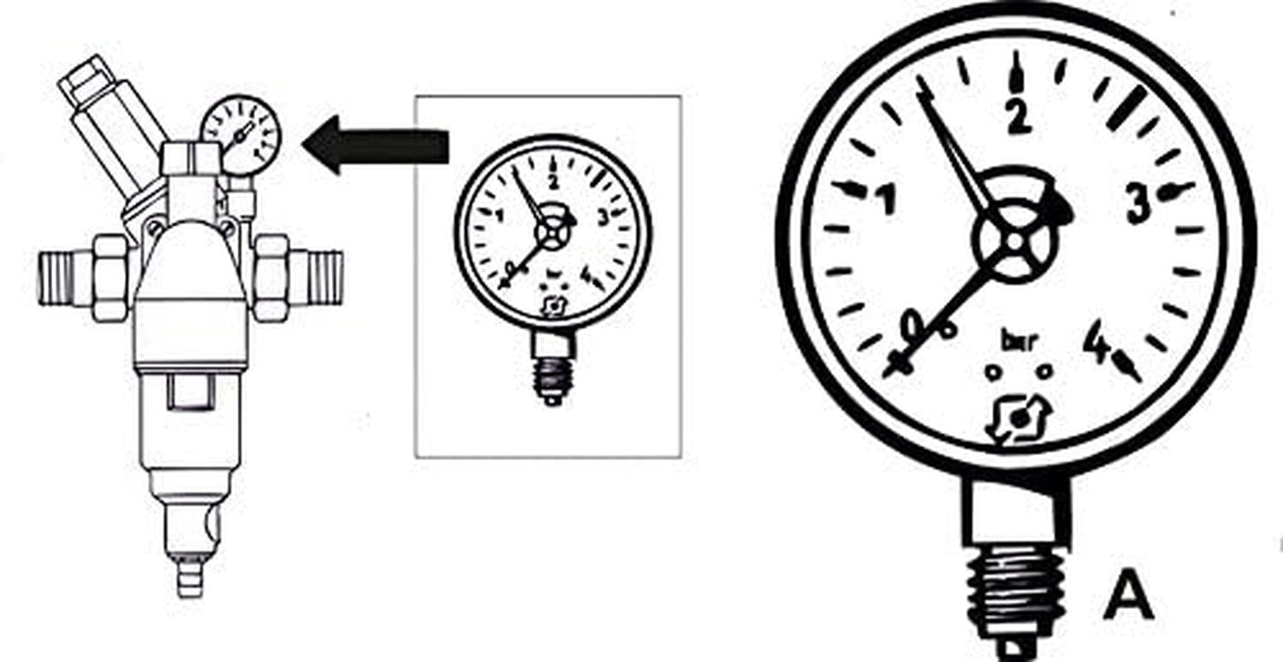 Manomètre à cornes avec port inférieur 1/4" - Noir - Convient aux filtres de lavage à contre-courant avec réducteur de pression - Plastique - Auto-obturant avec joint torique en PTFE / Manomètre / Air comprimé / Manomètre / DMMU14