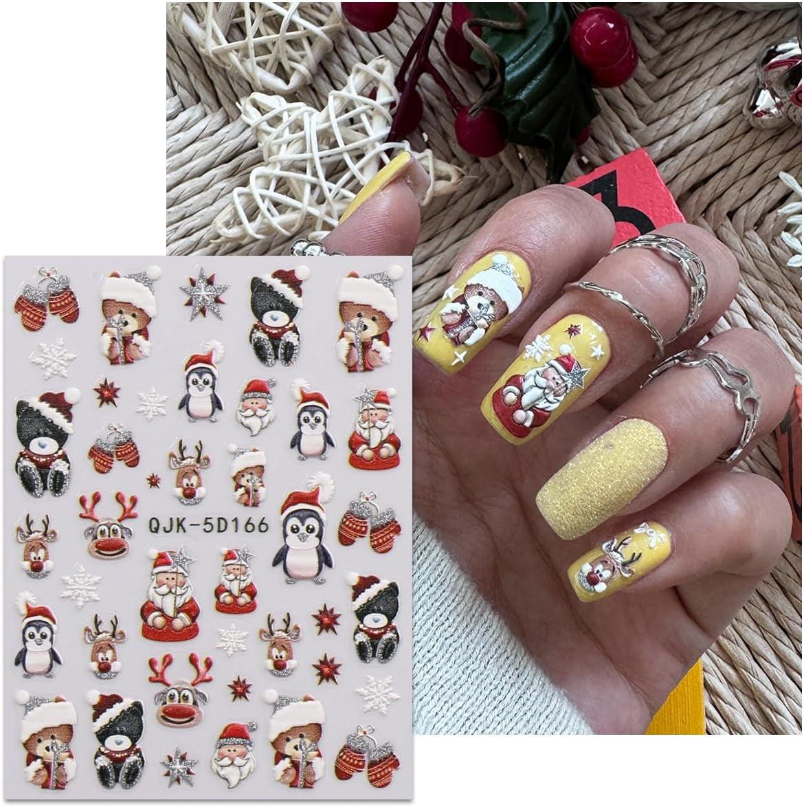 JMEOWIO 3D Nagelsticker Weihnachten Glitzer Nail Art Sticker Selbstklebend Nagelaufkleber 5D Stereoskopisch Schneeflocke Winterurlaub Suß Dekoration Nageldesign Zubehör 4 Blatt