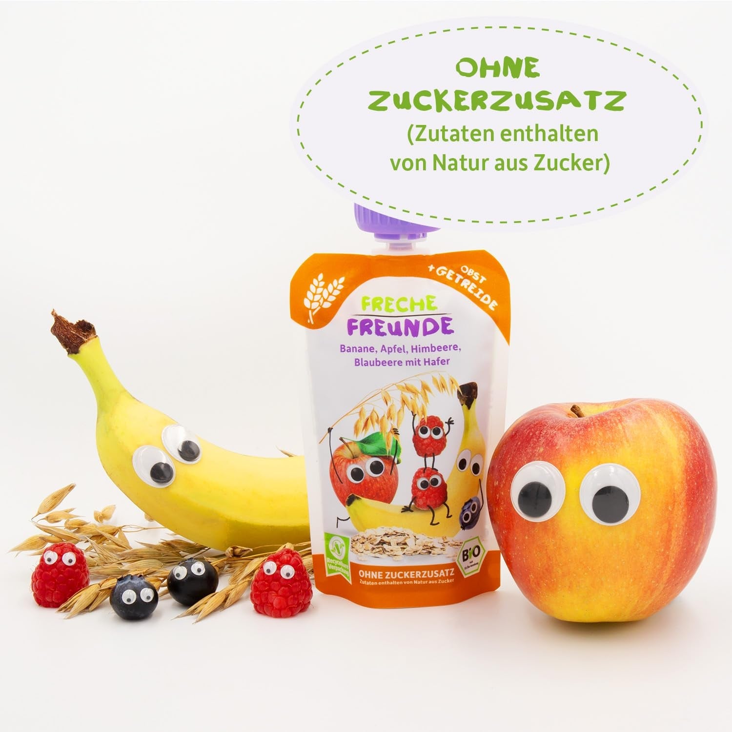 FRECHE FREUNDE Sachet de Fruits Bio Banane, Pomme, Framboise, Myrtille à l'Avoine, Purée de Fruits avec Céréales en Sachet Pressable pour Bébé à partir de 6 Mois, Vegan, Lot de 6 (6 x 100 g)