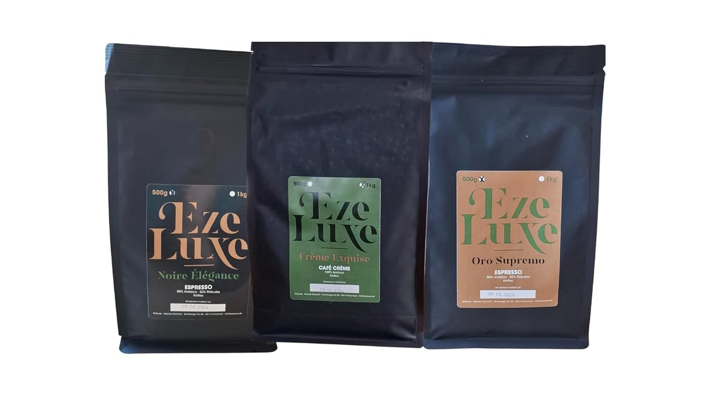 Café Espresso Noire Elégance 500g – 50% Arabica et 50% Robusta du Brésil et d'Inde – torréfaction moyenne, forte et crémeuse au chocolat noir – intensité 8 – incl. machine à expresso gratuite