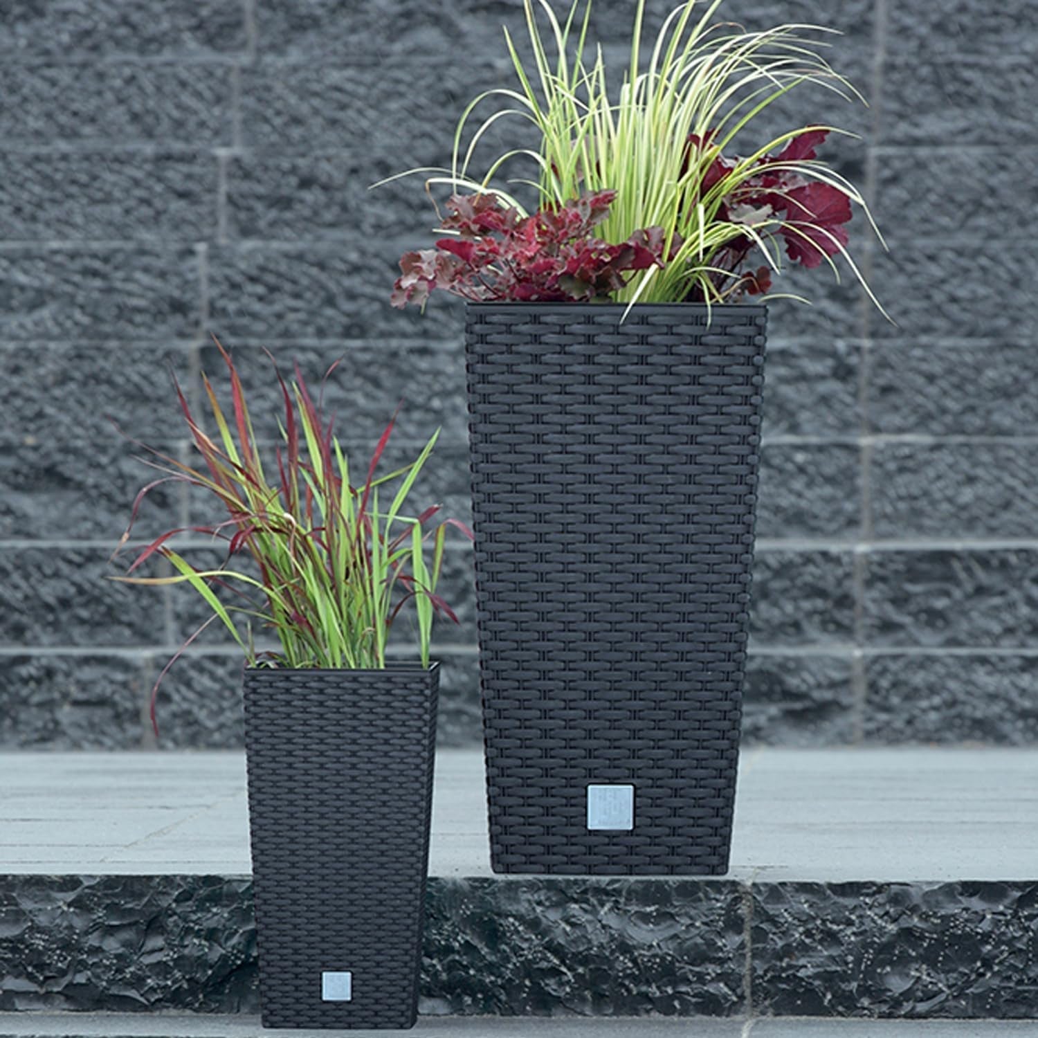 Pots/pots Prosperplast aspect rotin avec insert | 32,5 x 32,5 x 61 cm | anthracite | résistant aux intempéries et aux UV | en plastique robuste | pour intérieur et extérieur