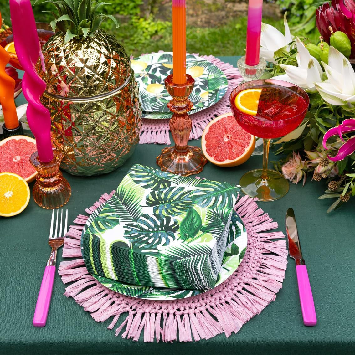 Pack de 20 lingettes tropicales | Serviettes en papier vert avec motif feuille de palmier | Vaisselle jetable pour fête d'enfants, fête safari, jungle, dinosaure, été, thème hawaïen