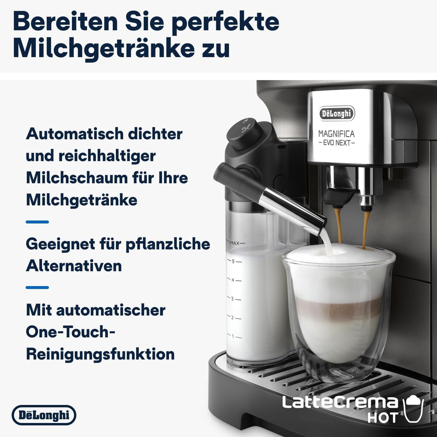 De'Longhi Magnifica Evo Next - Expresso entièrement automatique Perfetto avec mousseur à lait LatteCrema, 13 boissons à une touche, cafetière et cappuccino, écran tactile couleur, titane (ECAM312.80.TB)