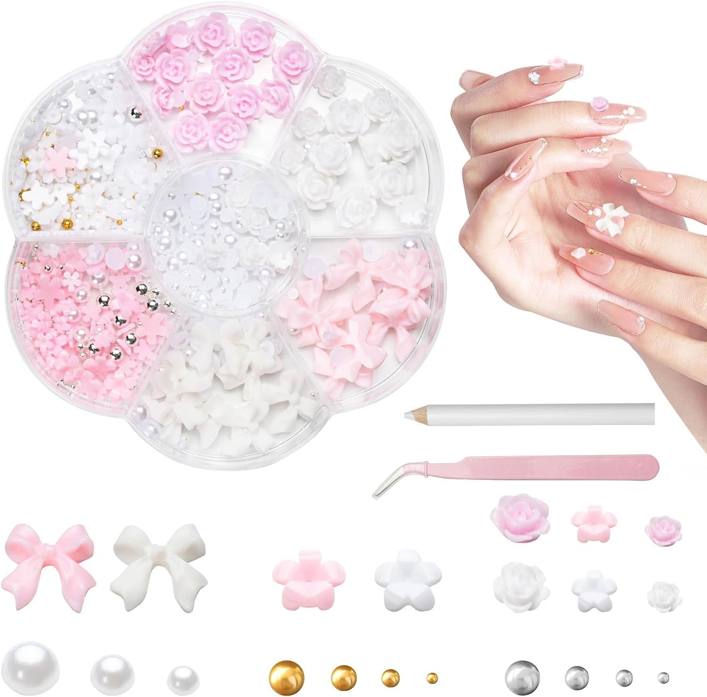 Charmes d'ongles 3D, Charms d'art d'ongle Schleifen, Blumen und Perlen, Charms de Nagel au Harz, Ensembles de décorations de ongles, Charms de bricolage Nägel, Nagelanhänger